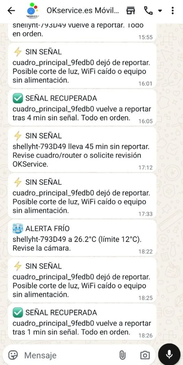 Alertas reales de OKService Monitor por WhatsApp: sin señal, señal recuperada y alerta de frío